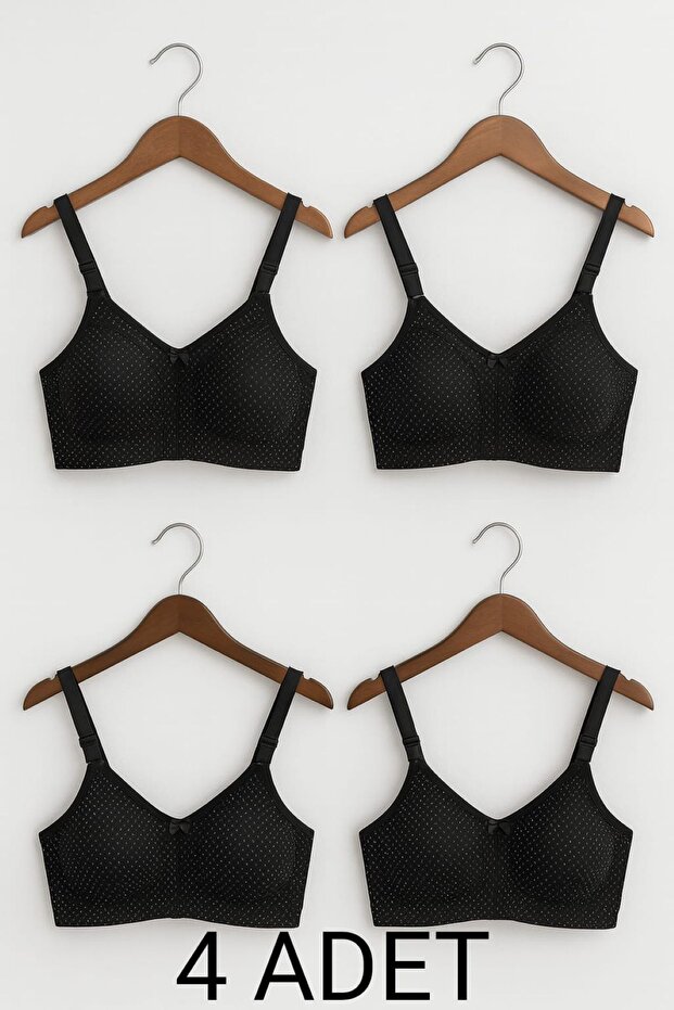 4 Pieces Black Cotton Combed Bra – Without Underwire, Without Padding, Polka Dot Pattern