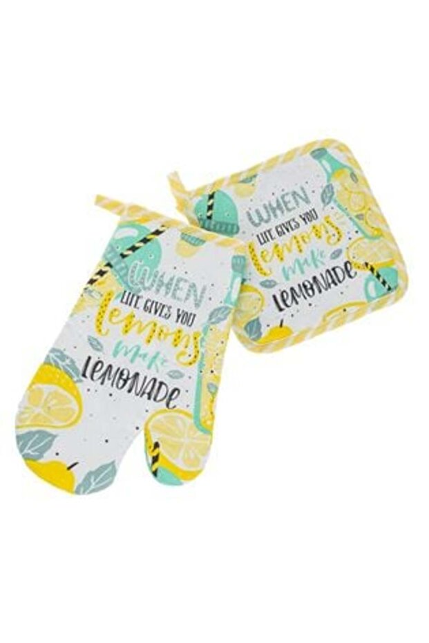 Kitchen Mitten & Towel Set with Lemons Pattern - 2 pcs - 1