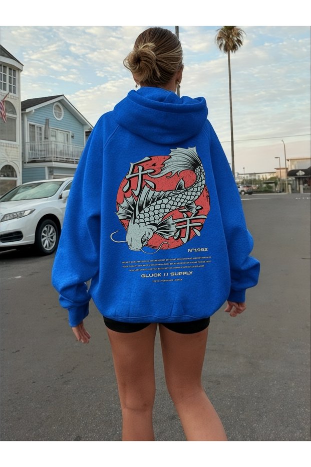 Unisex Koi Fish Colorful Custom Printed Cotton Oversize Hooded Sweatshirt