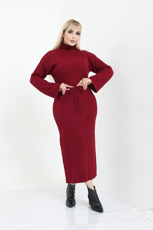 Dik Yaka Geniş Kol Triko Örme Elbise - 7