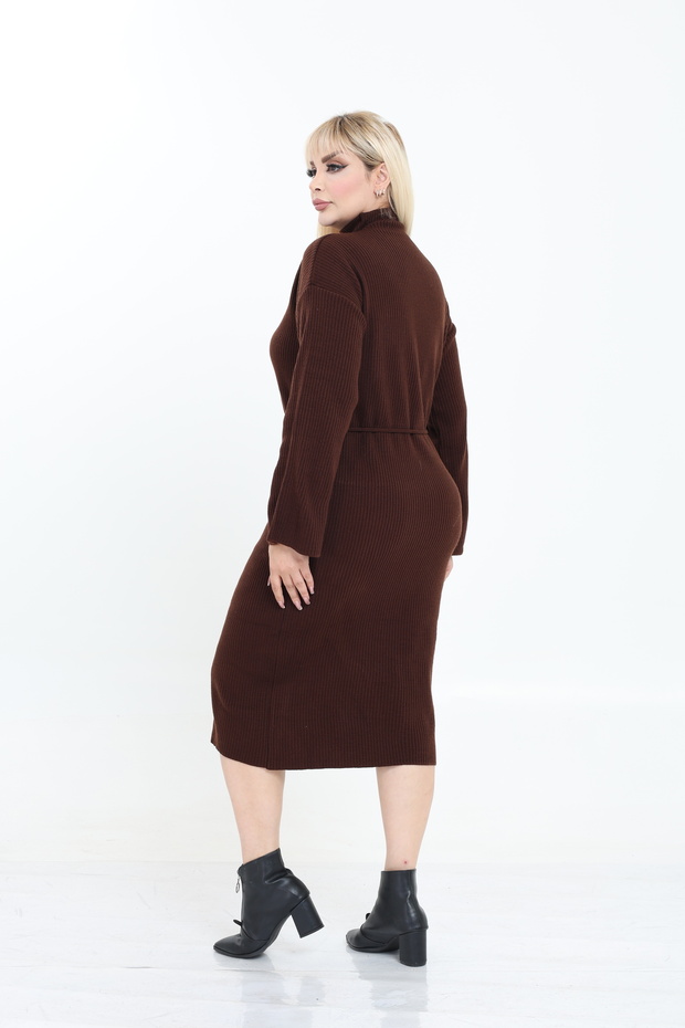 Dik Yaka Geniş Kol Triko Örme Elbise - 4