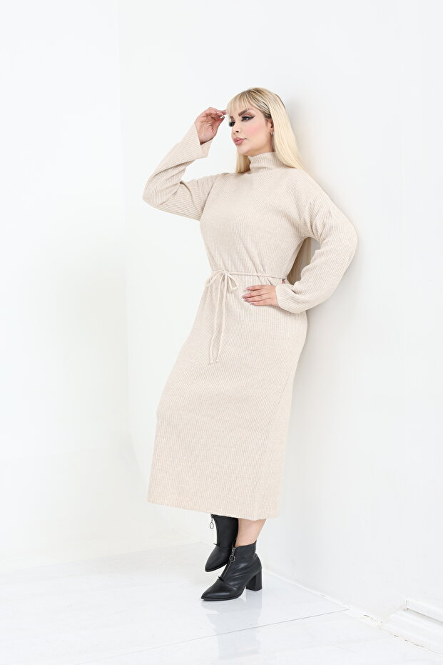 Dik Yaka Geniş Kol Triko Örme Elbise - 4