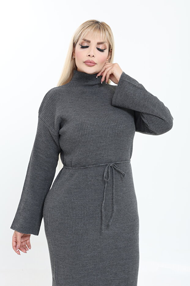 Dik Yaka Geniş Kol Triko Örme Elbise - 8