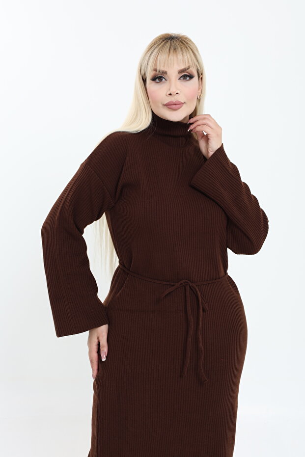 Dik Yaka Geniş Kol Triko Örme Elbise - 8