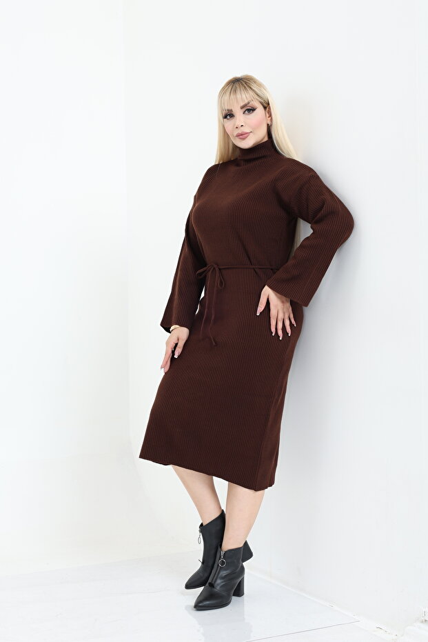 Dik Yaka Geniş Kol Triko Örme Elbise - 5