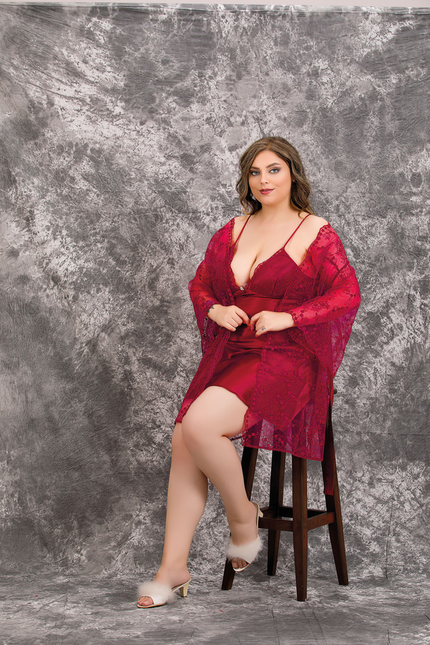 Satin Plus Size Lace Dressing Gown Stylish Nightgown 2-Piece Set