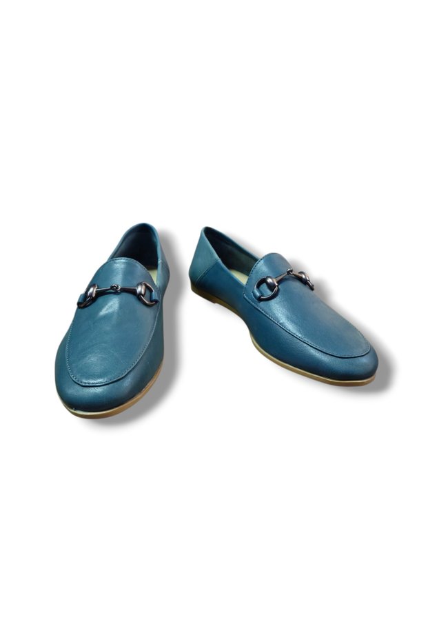 Women's Blue Metal Buckle Genuine Leather Loafer Shoes