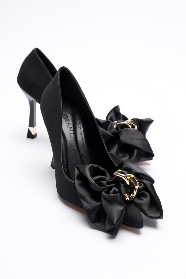 Women's Nubuck High Heel Shoes 9.5 cm Black Liora with Bow and Gold Accessories