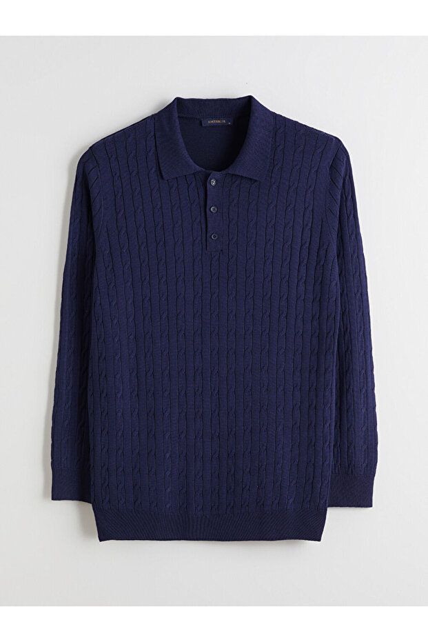 Navy Blue Polo Collar Men's Knitwear Sweater