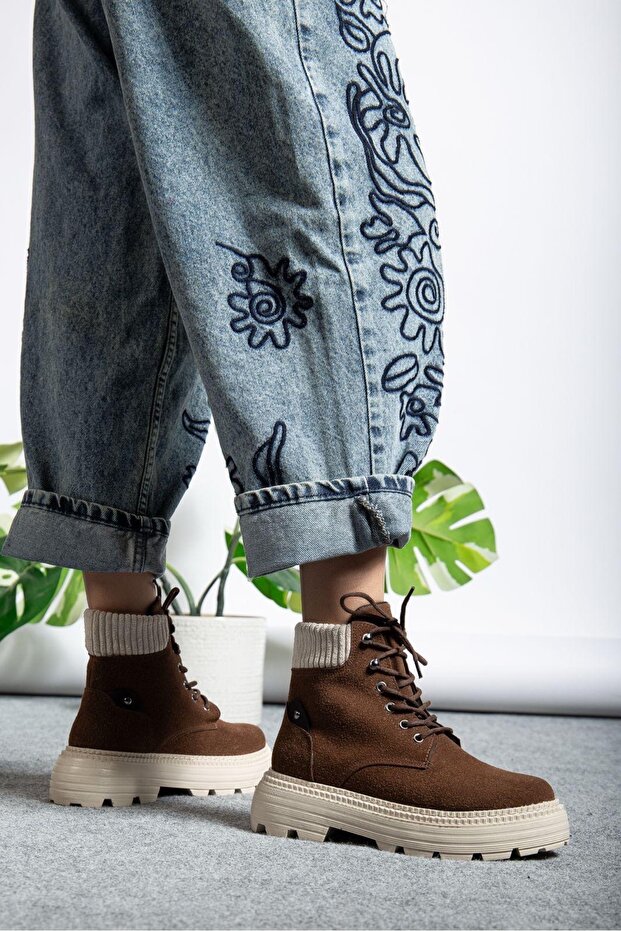 Kahve Süet Bağcıklı Yüksek Taban Kadın Bot - 3