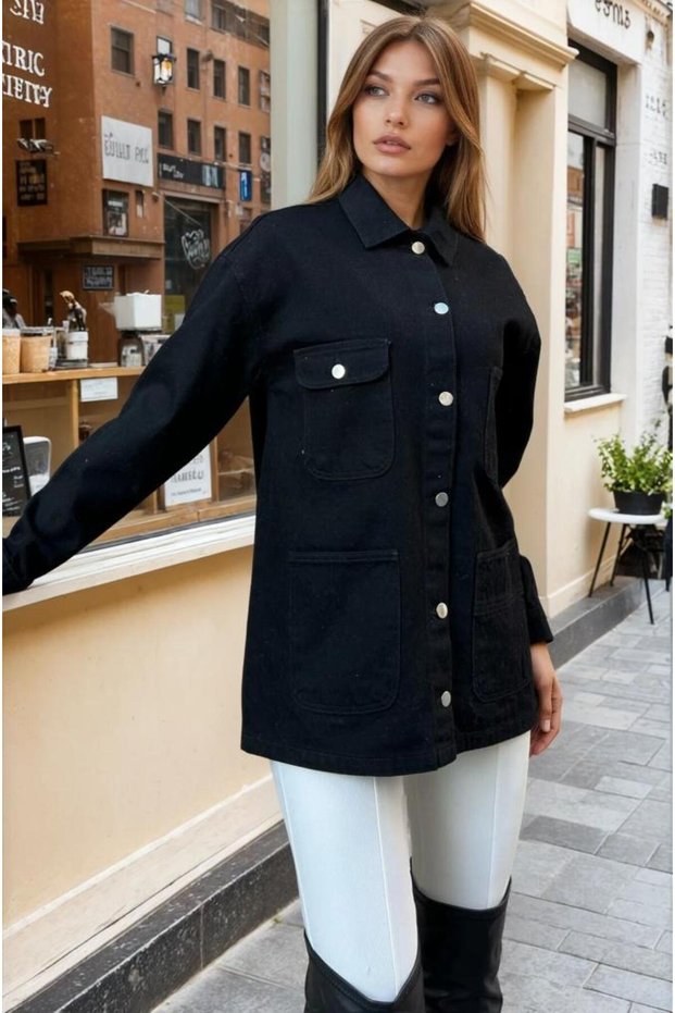 Women's Black Oversized Gabardine Denim Jacket Shirt – Wide Pocketed , Button Detailed Kt00- 700-Kt00-100451