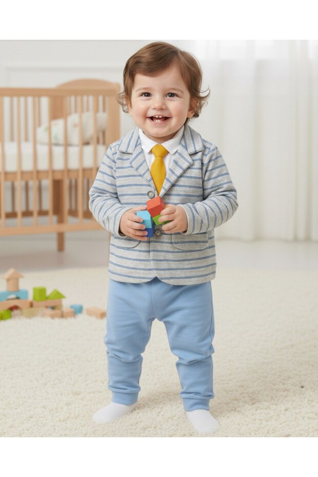 Baby Boy Striped Jacket, Tie 3 Piece 100% Cotton Stretchy Suit