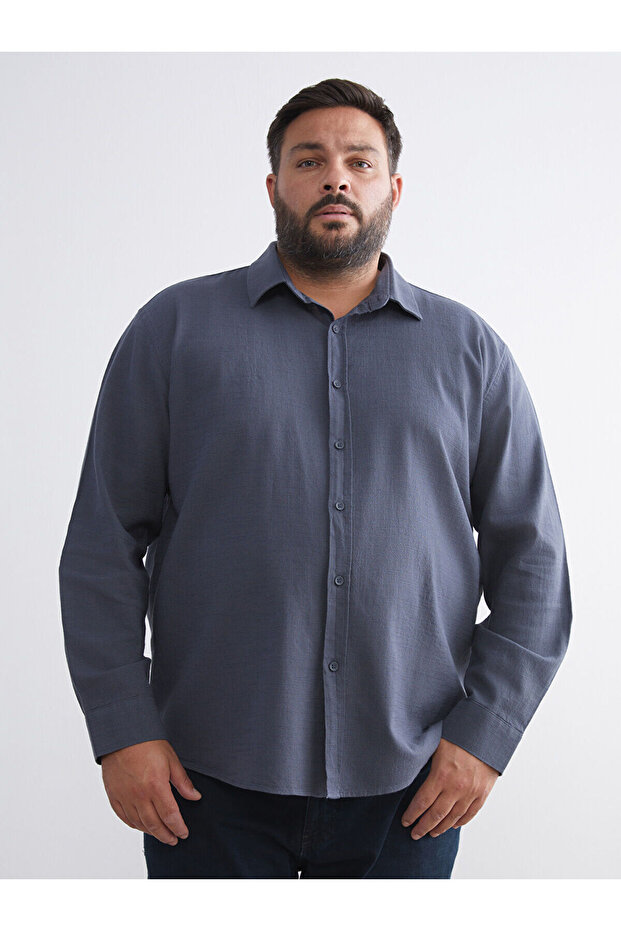 Xside Anthracite Large Size Regular Fit Long Sleeve Linen Look Men's Shirt