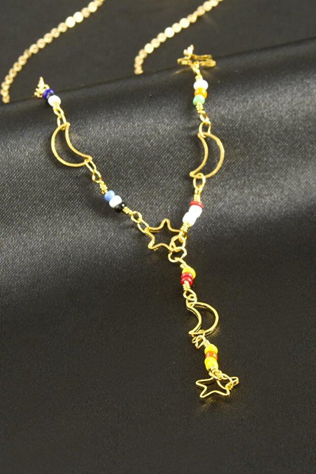 Star crescent bead y necklace