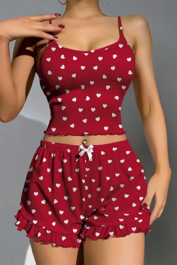 Cotton Red Top with White Heart Pattern and Ribbed Strap Shorts Pajama Set - Ssssss2807-8