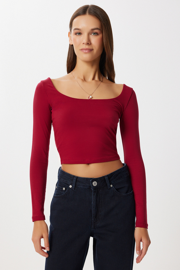 Basic Crop Örme Bluz LUB0255 BORDO - 2