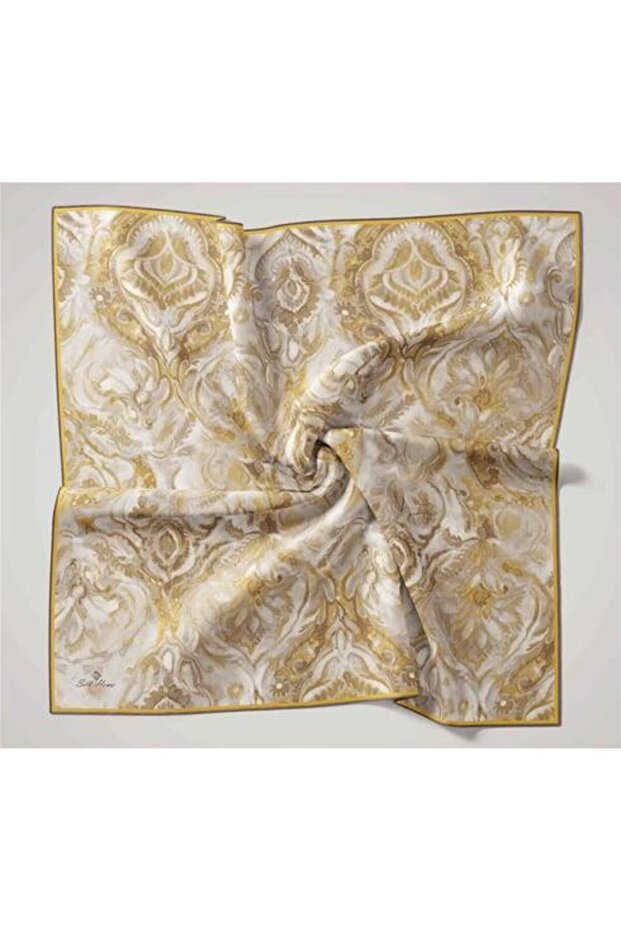 Ekru, Sarı, Haki, Yanık Sarı Geometrik Desen Tivil İpek Eşarp IST 111465 - 23 - 1