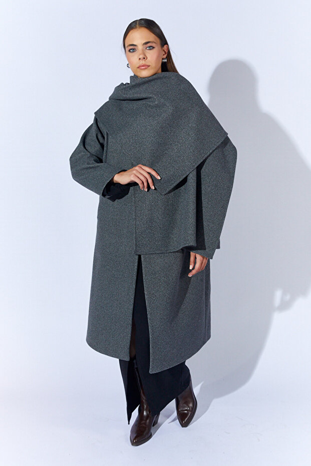 Detachable Shawl Collar Oversize Cashmere Coat - Anthracite | Mkw359838-01