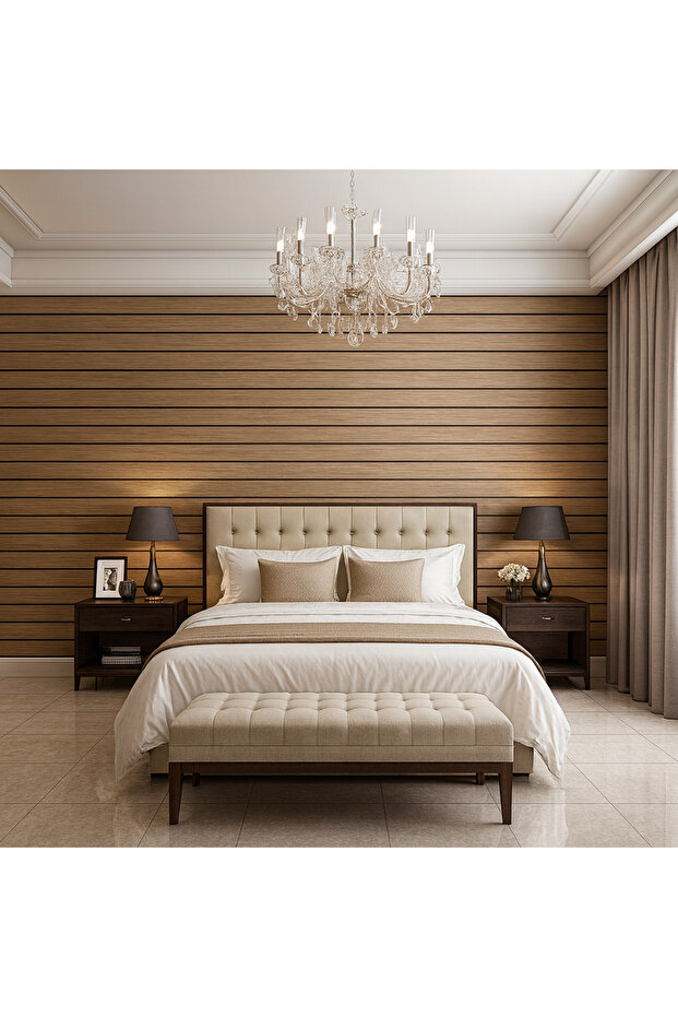 60cm x 280cm 1 Adet Kendinden Yapışkanlı krem Lambiri Desenli Duvar Paneli Kağıdı - 3