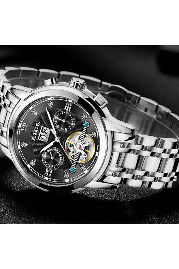 Men's automatic mechanical watch Date Skeleton Silver - 3