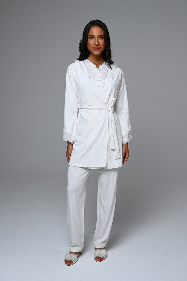 Women's Ecru Lace Winter Special Design Maternity Pajama Set 3-Piece Set