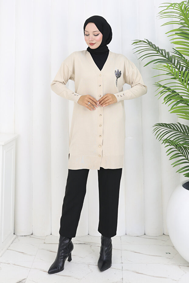 Collar Detailed Long Mercerized Cardigan N3260 Stone Color