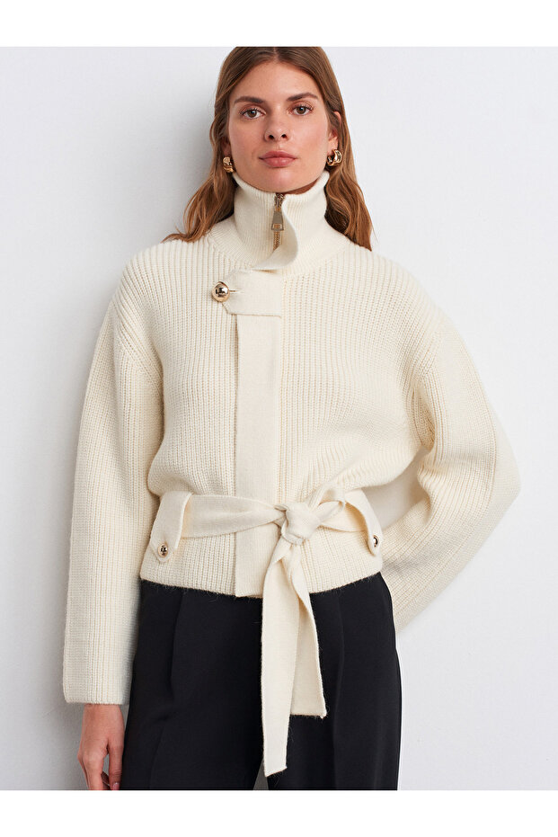 60988 Zippered Belted Buttoned Wool Knitwear Cardigan-Ecru