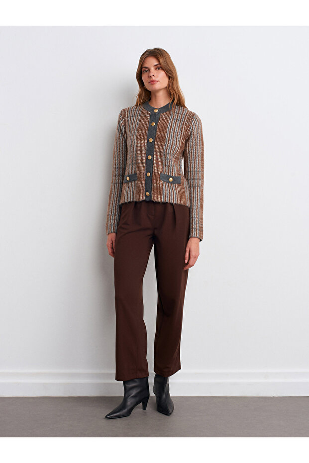 60986 Şardonlu Triko Hırka-Kahve - 5