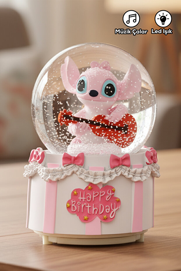 ALFAGİFT Müzikli Işıklı Stitch ve Angel Kar Küresi Pembe- Doğum Günü Hediyelik Süs ve Gece Lambası