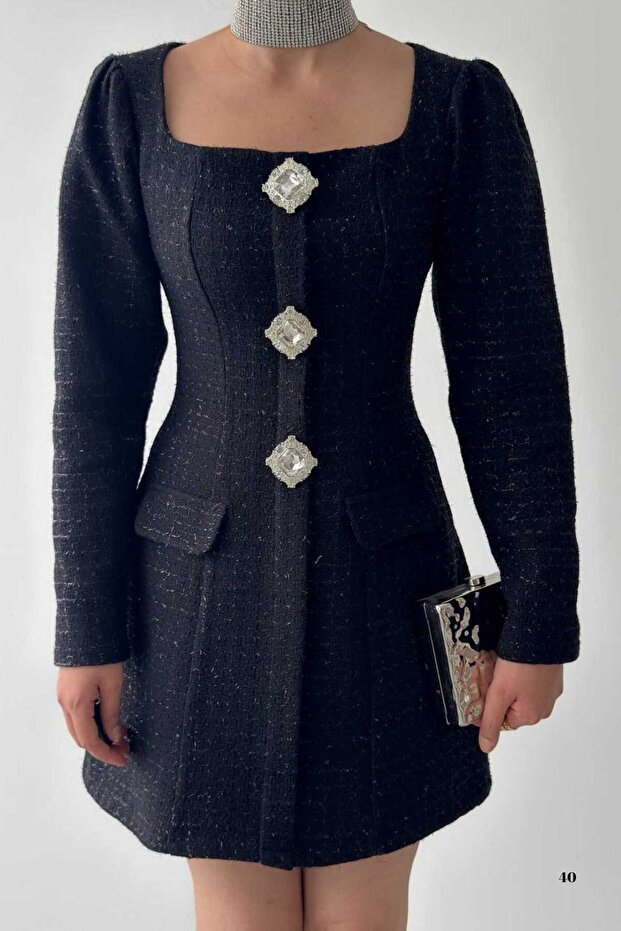 Classic Elegance: Tweed Coat Dress with Large Stone Button Collar Detail 753