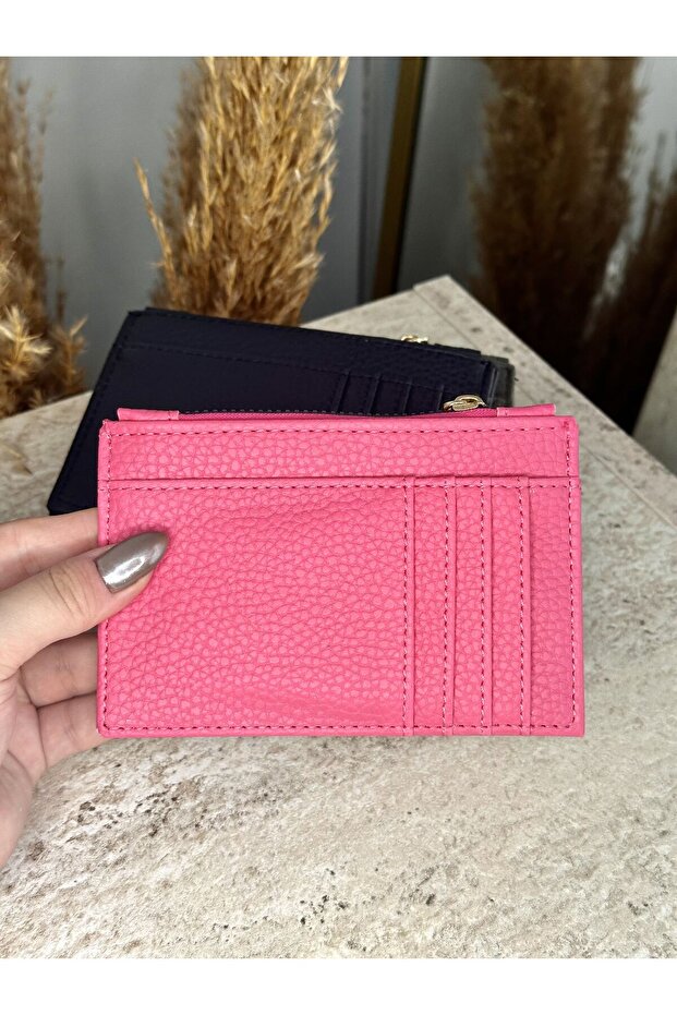 Faux Leather Women's Fuchsia Card Holder - Zippered Card Holder with Coin Compartment