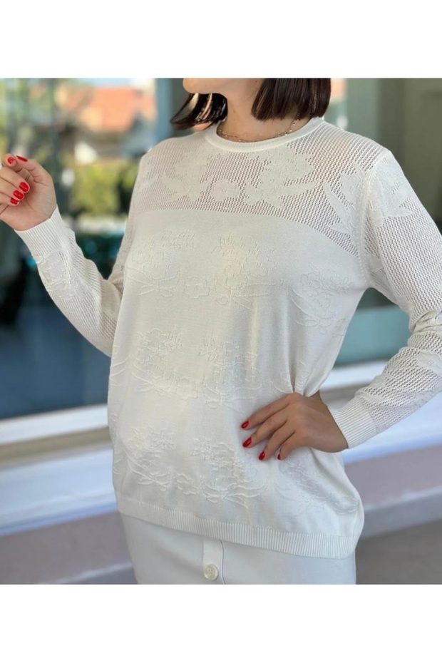 Long Sleeve Openwork Knit Sweater with Mesh Detail