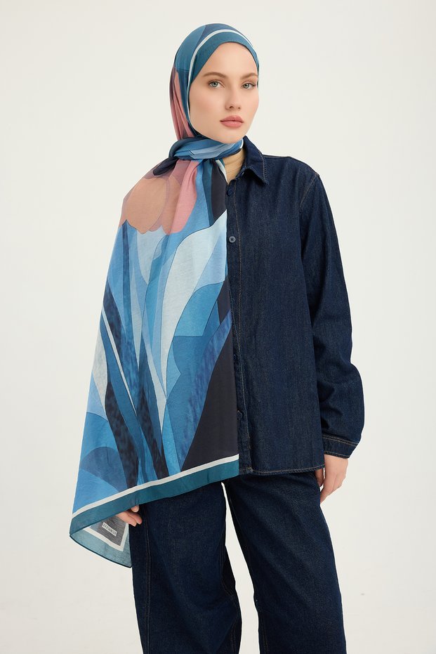 Illuminated Flowers - Turquoise - Vierra Patterned Viscose Shawl - 70X190 cm