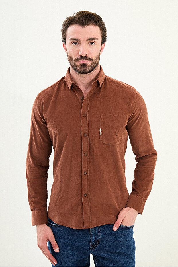 Plain Slim Fit Embroidery Detailed Velvet Men's Shirt Camel - 27109.25K