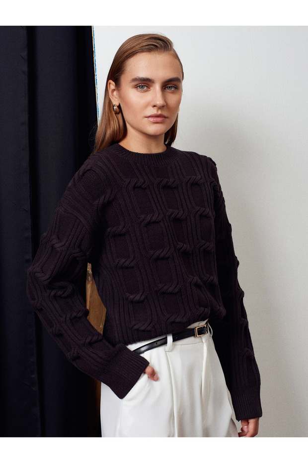 10825 Wool Blend Embossed Detailed Knitwear Sweater-Dark Brown