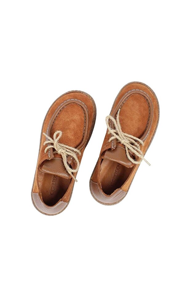 Kadın Taba Bağcıklı Kalın Tabanlı Süet Deri Ayakkabı - 6