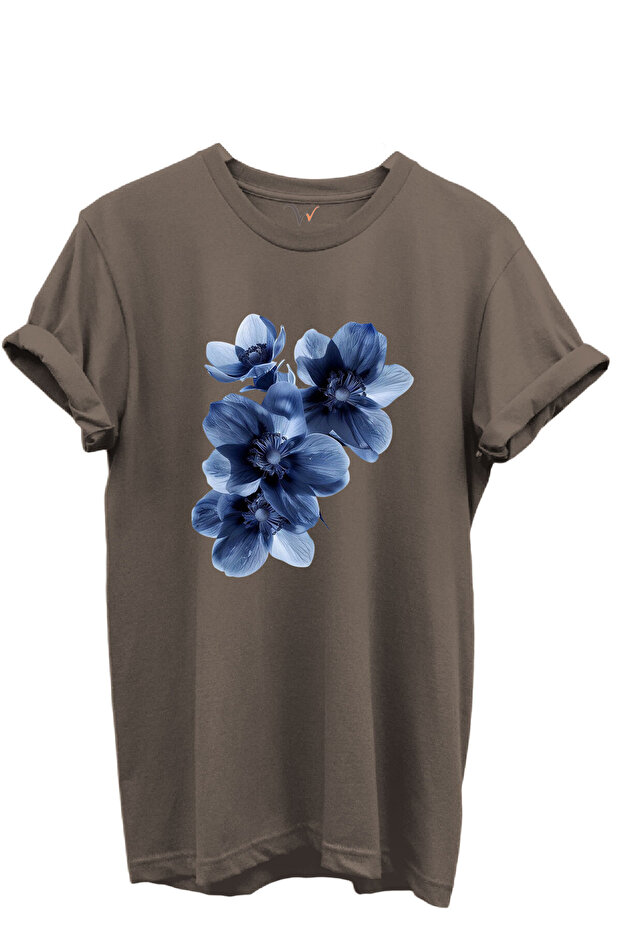 Blue Floral Patterned Women's 100% Cotton Regular Fit Crew Neck T-Shirt