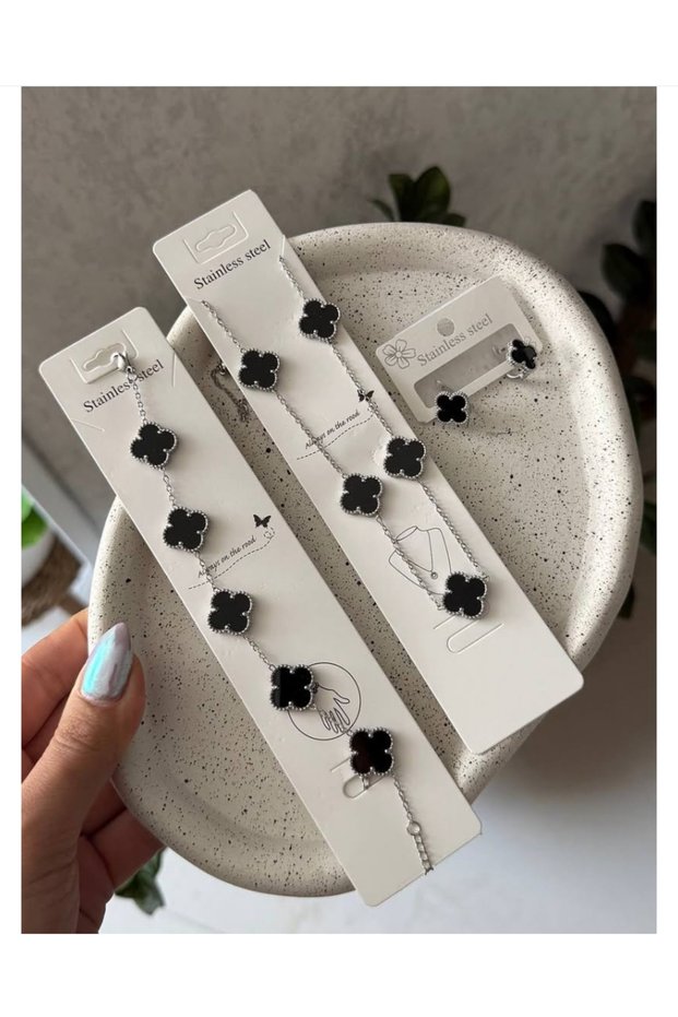 Steel Black Silver Color Clover Model Necklace Bracelet Earring Set (Clover Necklace Bracelet Earring)