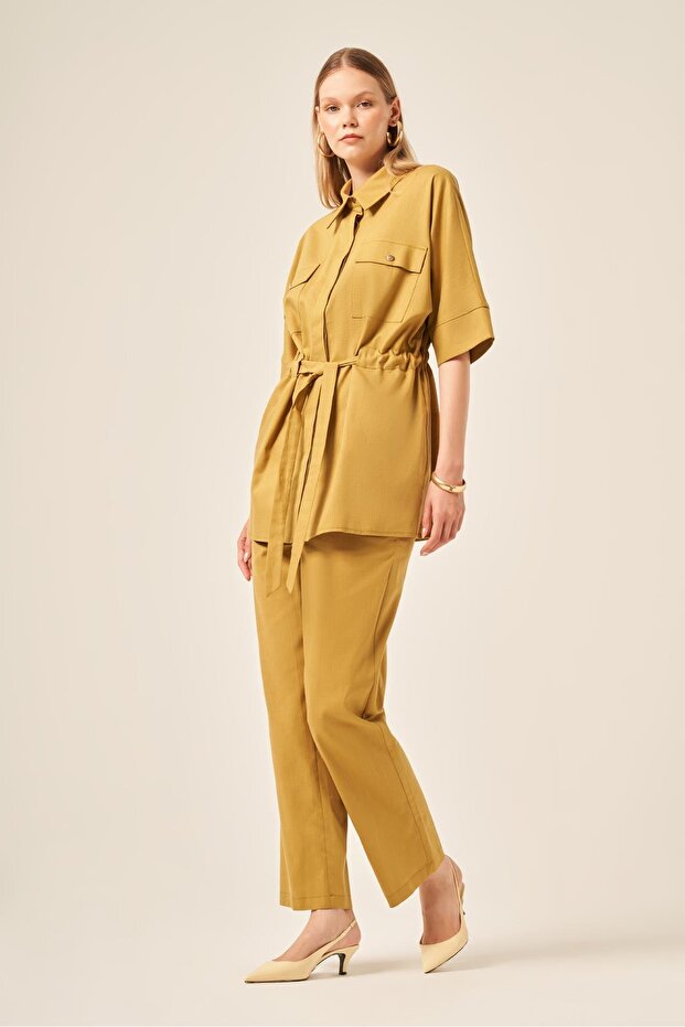 Women's Comfortable Fit Short Sleeve Linen Suit Mustard 31196