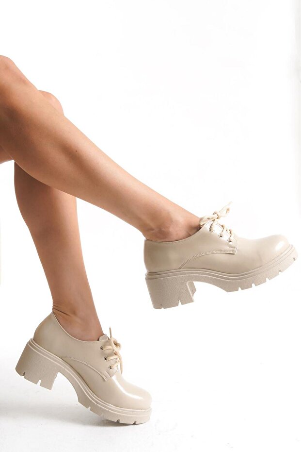 K-707 Bej Kırışık Rugan Yüksek Tabanlı Bağcıklı Loafer Ayakkabı - 3