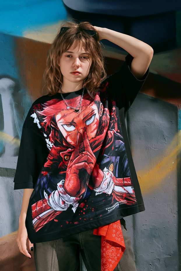 Jujutsu Kaisen Anime Itadori Yuji Black Flash 2.0 Special Edition Oversize Printed T-Shirt