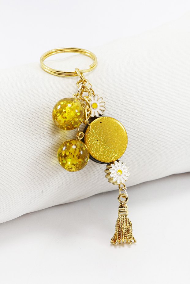 Mustard Colored Glittery Shiny Beaded Cluster Keychain, Gift Bag Ornament