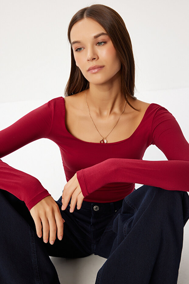 Basic Crop Örme Bluz LUB0255 BORDO - 1