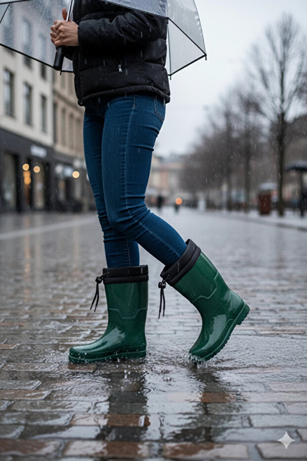 Konçlu Plush Unisex Rain Boots 36-40 Dark Green