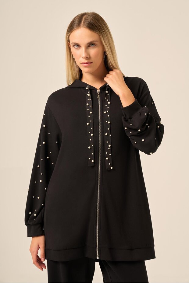 Women's Comfortable Fit Pearl Detailed Two-Piece Set Black 31224