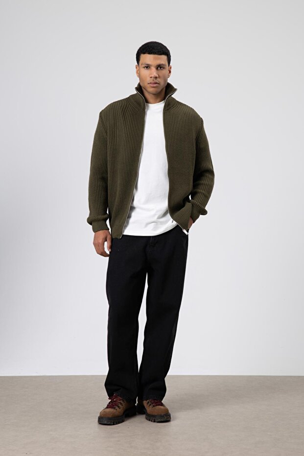 Oversize Zippered Knitwear Cardigan Khaki
