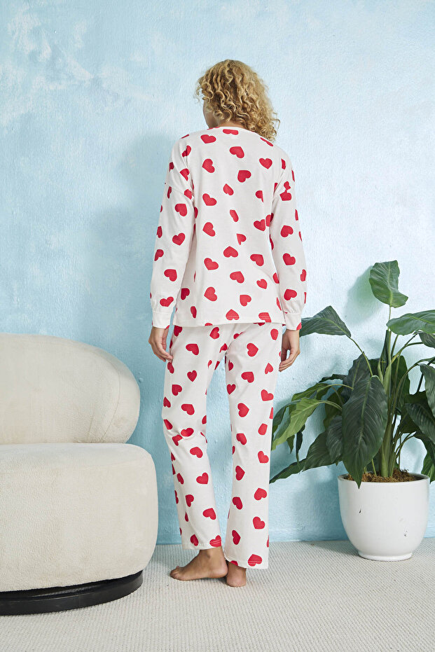 Kalp Desenli Uzun Kollu Pijama Takımı - 8