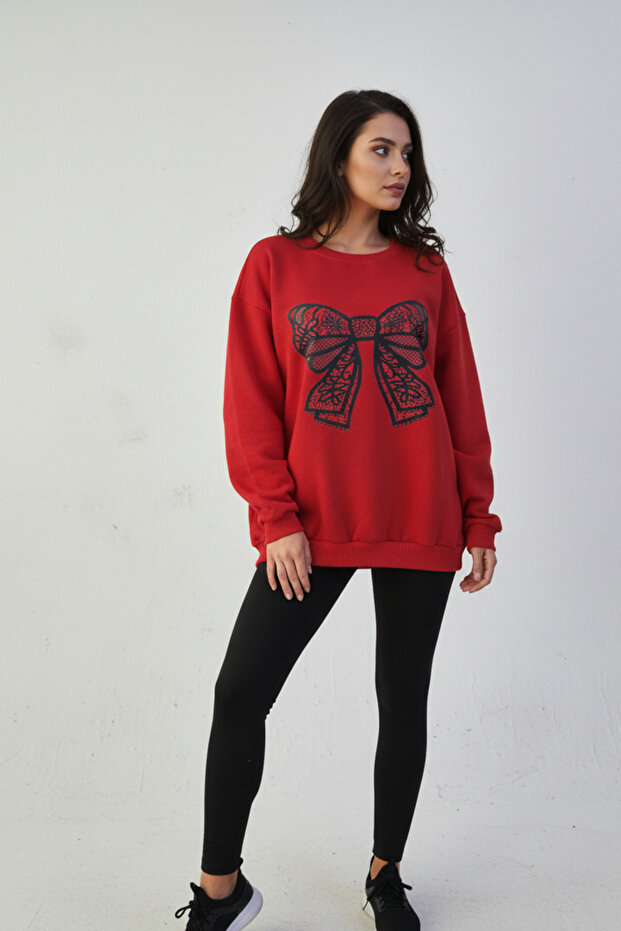 Black Lace Ribbon Patterned Women's Oversize Sweatshirt