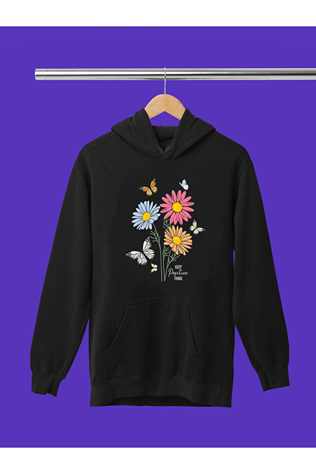 Flowers Printed Cotton Long Sleeve Ribbed 3-Ply Hooded Sweatshirt