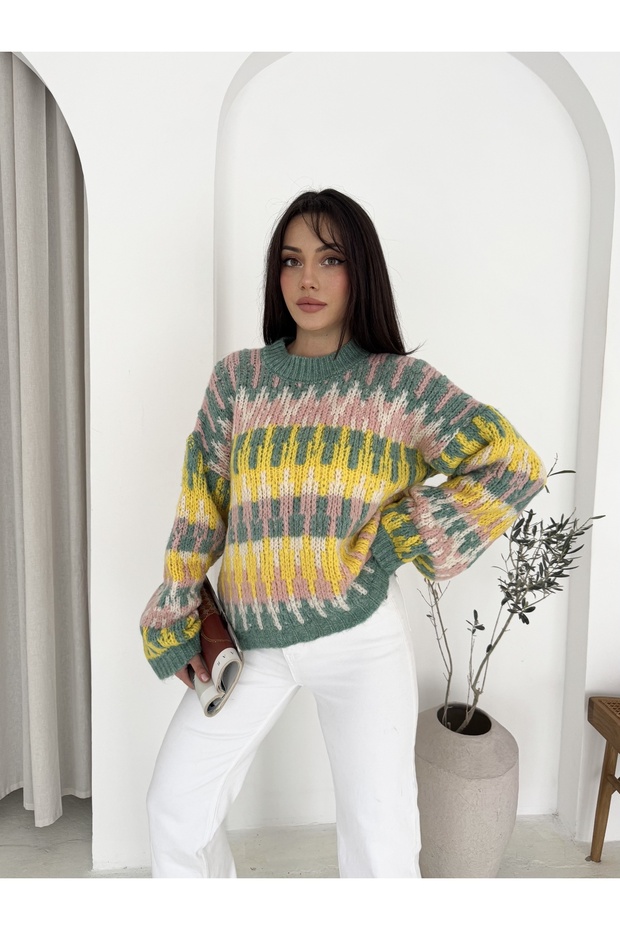 Patterned Soft Texture Ribbed Knit Sweater - 4